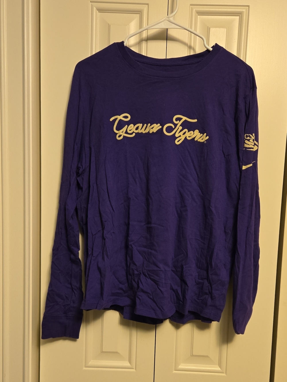 Nike Purple 'Geaux Tigers' Long Sleeve Tee - Cream Script Women's